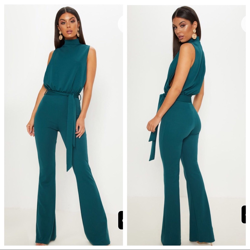 Emerald Green High Neck Tie Waist Jumpsuit